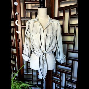 White and black striped button-down blouse with tie waist (Size M)